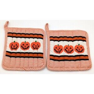 90s Vtg Jack-o'-lanterns Orange And Black Pot Holders Hot Pads Stripe Set Of 2